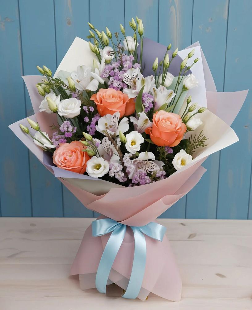 Букет цветов из: Лизиантусы, Розы, Альстромерии и Гипсофила в Добрянке