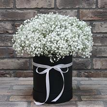 Цветочная композиция из Гипсофила в шляпной коробке в Добрянке