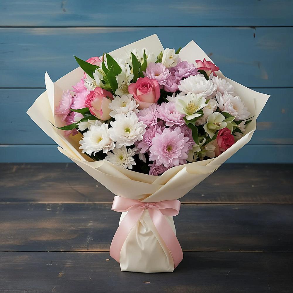 Букет цветов из: Хризантемы, Альстромерии и Розы в Добрянке